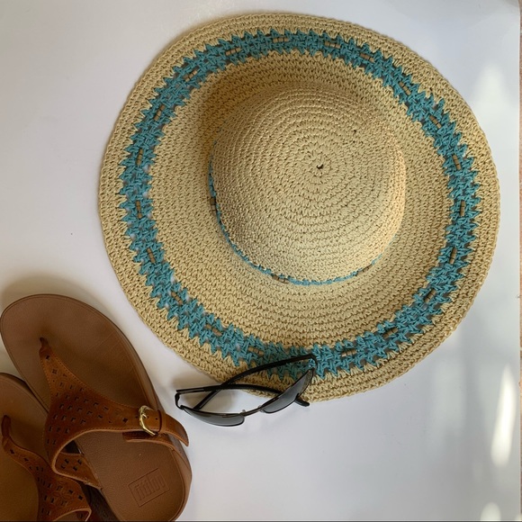 Boho wide brim round beach sun hat woven straw beads turquoise blue cream summer - Picture 2 of 7